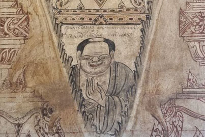 Image of a Fat Man on mural painting of Wat Ko Kaew Suttharam in Thailand